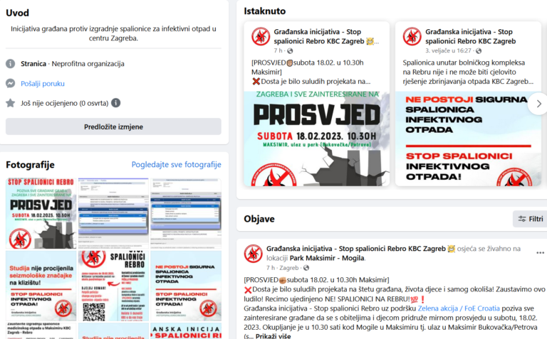 Facebook i WhatsApp grupe Građanske incijative – Stop spalionici Rebro KBC Zagreb